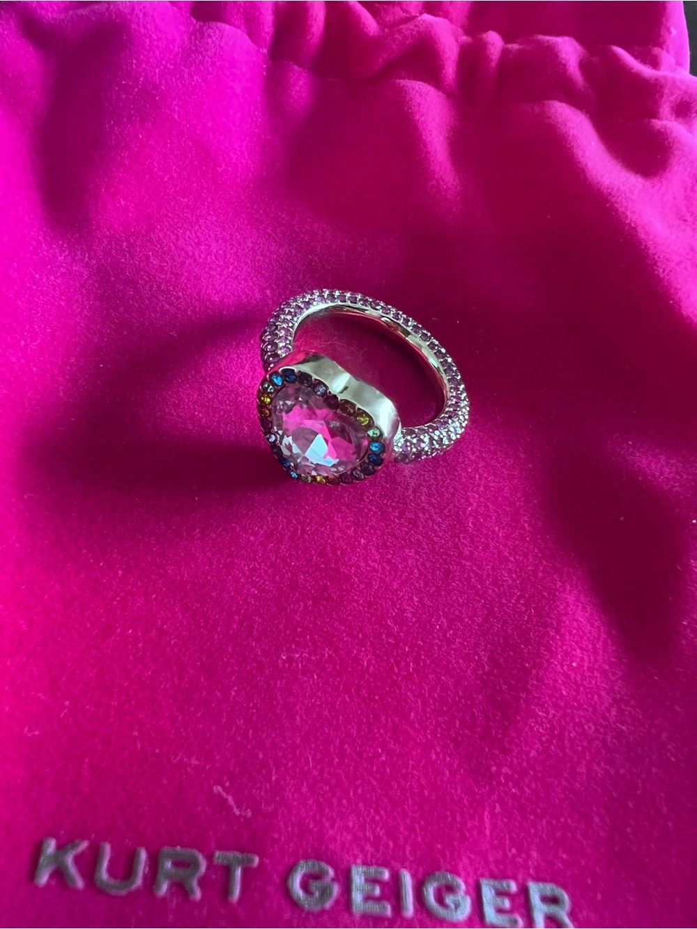 Kurt Geiger Heart Crystal Ring with Rainbow Halo and Pink Band
